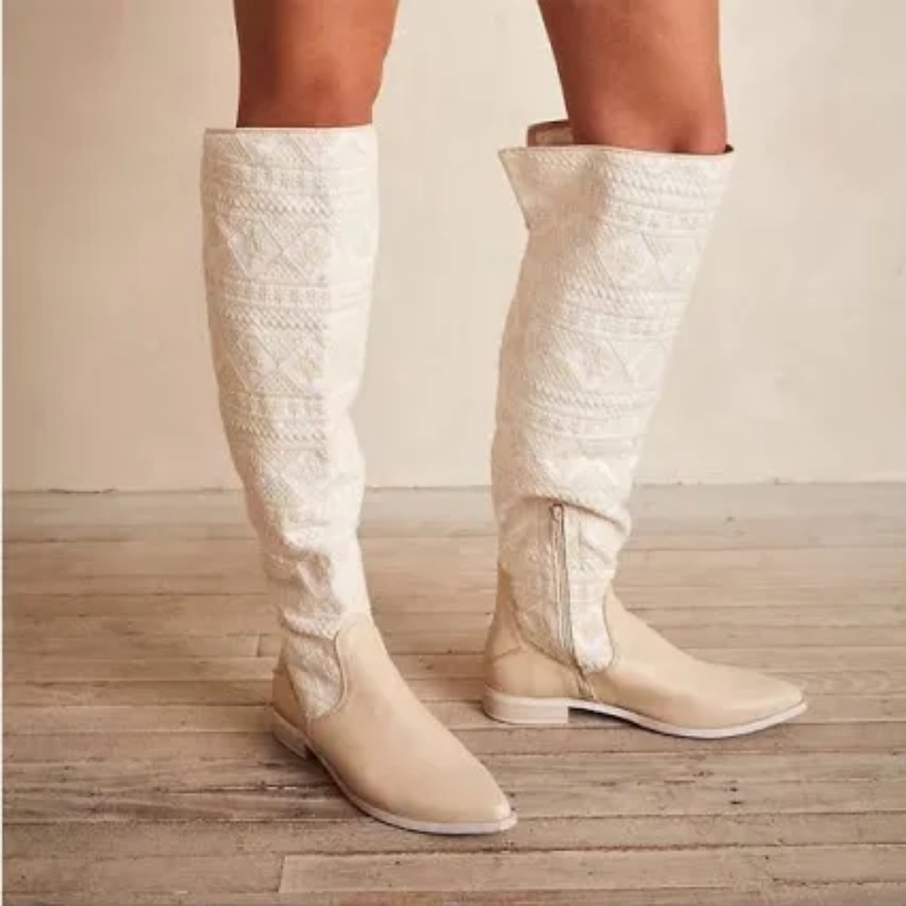 Free People Bren Slouch White Knee High Textile Boots